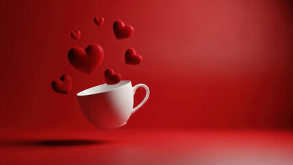 White cup with floating red hearts against a red background.