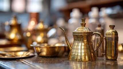 Vintage brass coffee and tea pot collection