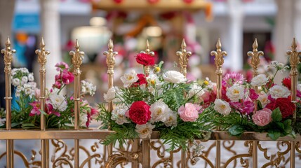 Gold ornate fence decorating with flowers for celebration