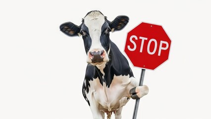 cow holding a red stop sign, road sign, solid white background