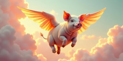 Golden pig, wings outstretched, floats amidst pastel clouds , graphic, golden