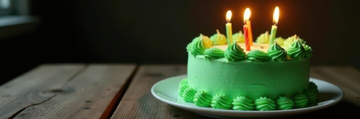 Green frosted cake with burning candles, wooden table , dessert, wood
