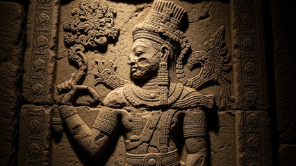 carved stone relief of an ancient regal figure with elaborate headdress and jewelry