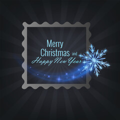 Festive Merry Christmas and Happy New Year vector banner template. Decorated with a brilliant glitter snowflake flying with a magical light trail. The design includes glowing particles, sparks, and a 