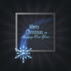 Festive Merry Christmas and Happy New Year vector banner template. Decorated with a brilliant glitter snowflake flying with a magical light trail. The design includes glowing particles, sparks, and a 