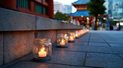 Candles glowing in glass jars lining temple path at dusk