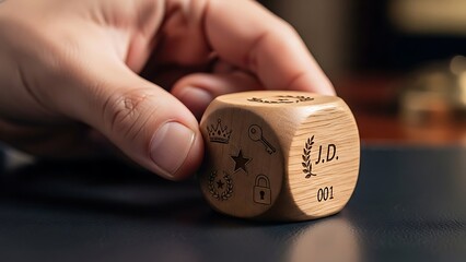 Hand holding custom wooden game die with engraved fantasy symbols