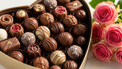 Assorted chocolates in a heart-shaped box with pink roses beside them.