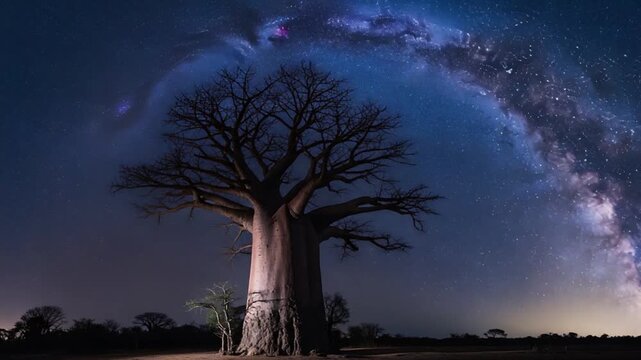 A majestic baobab tree stands alone under the starry night sky with the Milky Way arching above