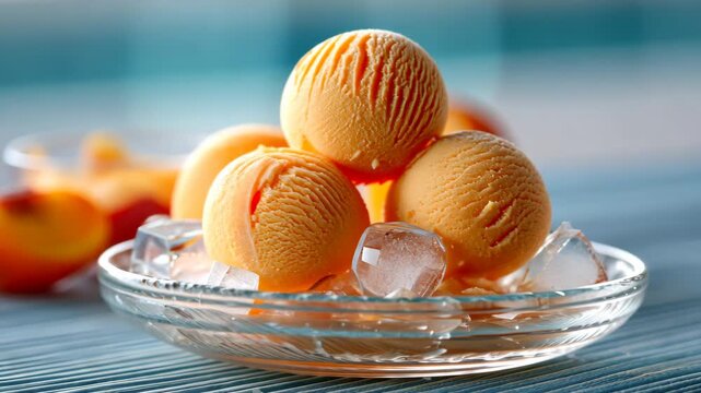 Refreshing peach sorbet scoops in glass bowl with ice cubes on a summer day