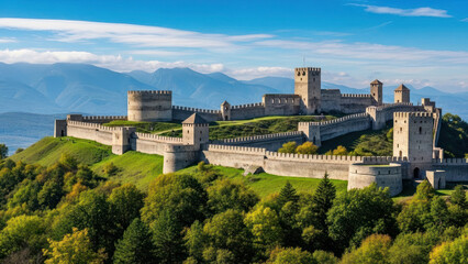 Medieval stone fortress on a lush green hill with mountain backdrop.