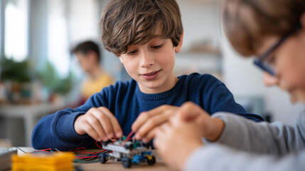 Faceless group students hands building programming electric toys robots robotics classroom educational technology learning activity stem education engagement display