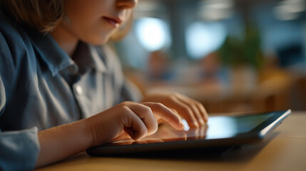 Faceless elementary school children hands using tablet class educational technology digital learning activity student collaboration moment device interaction display