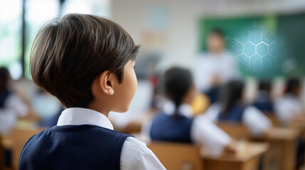 Elementary school student classroom filled technology overlays showing personalized learning experience efficiency education system digital innovation AI integration display