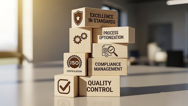 Stacked wooden blocks showing business quality management concepts