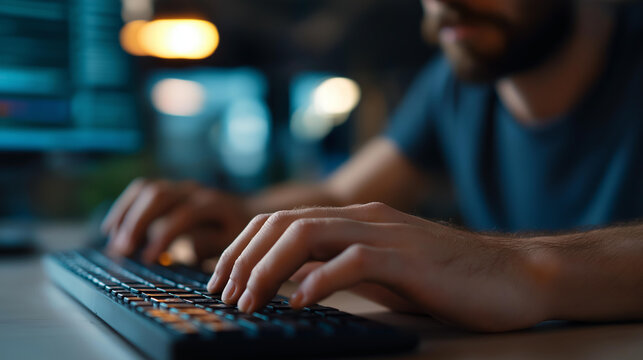 Faceless male engineers hands using desktop computer training programmable logic controller manufacturing automation robotics academy room industrial computer concept