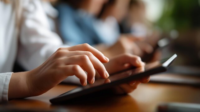 Faceless diverse students hands using tablets classroom educational technology activity digital learning engagement student device interaction collaborative learning display - Powered by Adobe