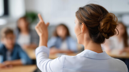 Faceless smart teacher hands pointing digital whiteboard standing classroom explaining lesson professional instruction looking board thinking class activity educational