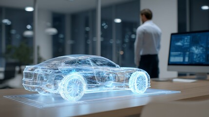 A man observes a digital 3D model of a sports car on a desk inside a modern office