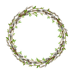 Round spring wreath made of natural willow branches with soft fluffy catkins and fresh green leaves, isolated on white background. Botanical frame with copy space for design. © Yuliia