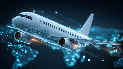 3D rendered digital plane flying over a world map, with blue data streams