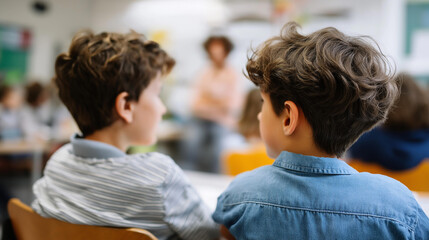 Faceless elementary students looking teacher over shoulder view classroom educational instruction moment student attention display learning environment visualization