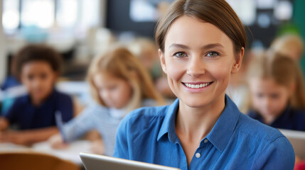 Faceless elementary school classroom enthusiastic teacher holding tablet computer explains lesson brilliant children kids learning programming languages internet safety