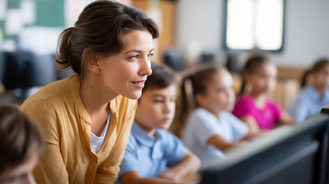 Faceless elementary school science classroom teacher educates schoolchildren computers learn programming language software coding modern education technology learning