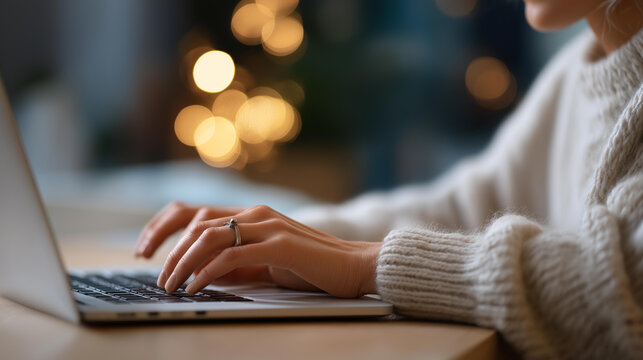 Cozy home office e learning faceless person hands typing laptop warm sweater interactive online course format digital resource convenience engagement interaction - Powered by Adobe