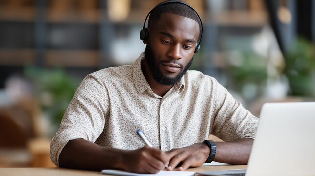 Faceless focused man hands at desk wear headphones watch webinar use laptop gain knowledge writing notes video conference e learn self educate defocused home background with