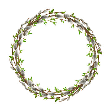 Round spring wreath made of natural willow branches with soft fluffy catkins and fresh green leaves, isolated on white background. Botanical frame with copy space for design.