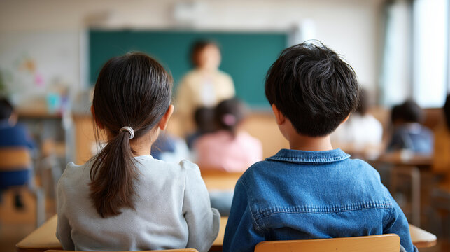 Faceless elementary students looking teacher over shoulder view classroom educational instruction moment student attention display learning environment visualization