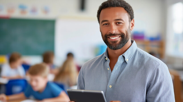 Faceless elementary school classroom enthusiastic teacher holding tablet computer explains lesson brilliant children kids learning programming languages internet safety - Powered by Adobe