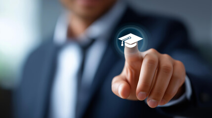 Faceless businessman hand touching virtual screen graduation hat icon representing online education e learning technology concept digital education display learning