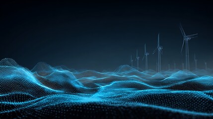 Futuristic digital landscape with wind turbines, showing renewable energy and technology