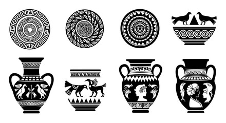 Ancient greek pottery and decorative vases with mythological motifs and patterns