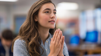 Faceless young female teacher hands looking webcam talking classroom giving virtual teaching remote class online lesson conference call laptop educational technology