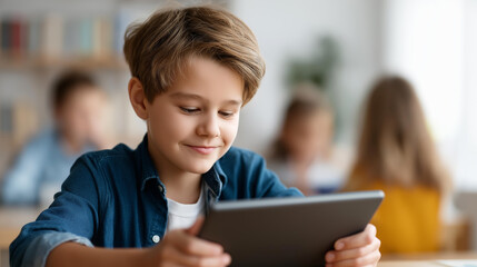 Faceless digital tablet school students classroom doing research work test exam technology education boy children friends project assignment mobile campus defocused classroom