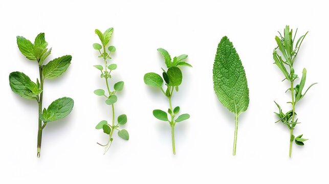 Close-up of various fresh herbs mint, oregano, basil, sage, and rosemary, isolated on white