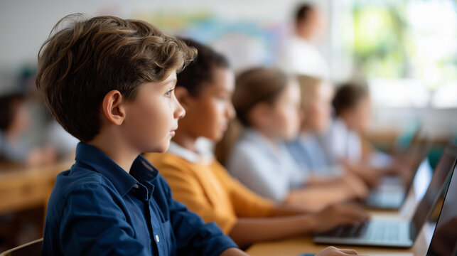 Side view diverse group faceless children sitting row school classroom using laptops educational technology digital learning activity student engagement display - Powered by Adobe
