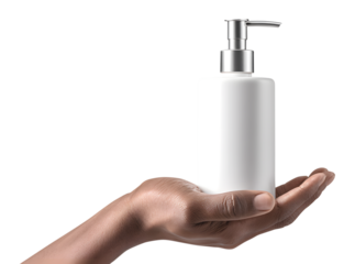 Hand holding white pump dispenser bottle white bottle 2