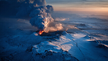 Aerial photo of snow-covered Barda bunga volcano erupting
