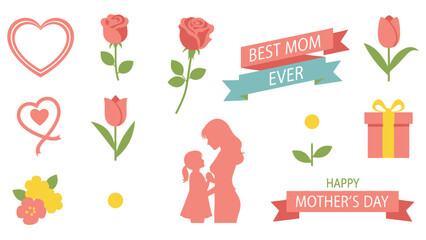 FlatVectorMotherChildHoldingHandsPinkRosesTulipsGiftBanners