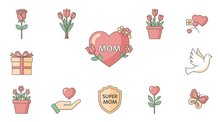 Hand Drawn Pink Floral Heart Mom Gift Doodles Set flowers tulips