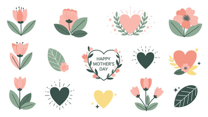 Hand Drawn Pink Floral Mother Day Hearts and Tulips flowers handdrawn