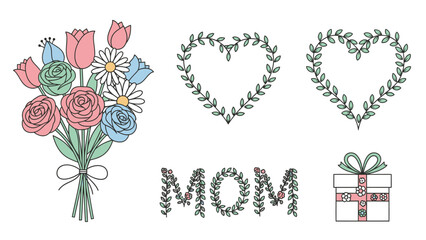 Hand Drawn Watercolor Floral Bouquet and Wreath with Green Leaves flowers garland