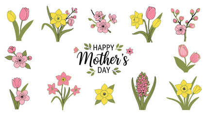 Hand Drawn Watercolor Floral Bouquet Happy Mothers Day Message flowers tulips