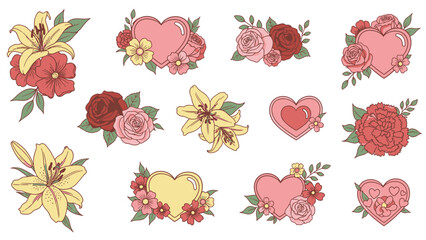 Hand Drawn Watercolor Floral Bouquets and Hearts Set flowers roses