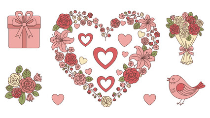 Hand Drawn Watercolor Floral Bouquets Hearts and Gift Box roses