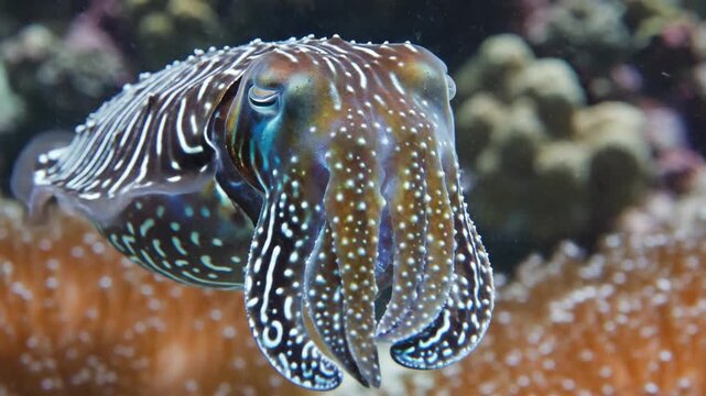 Detailed Close Up Of A Colorful Pharaoh Cuttlefish Underwater With Soft Coral Background